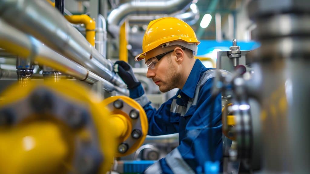 Handwerker arbeitet an Installationen in einer Industrie-Anlage