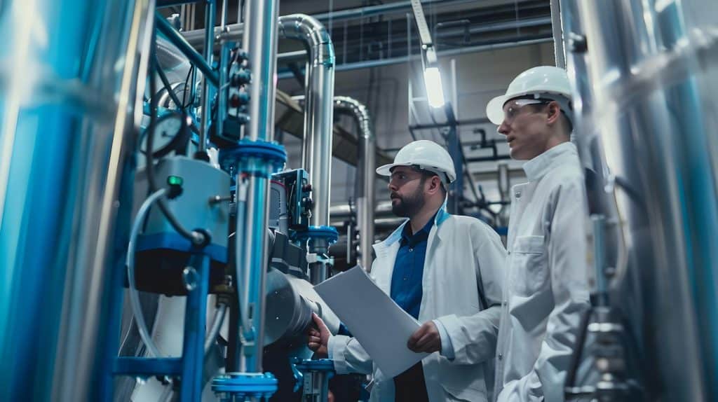 Industrieanlage und Personal, weiß gekleidet